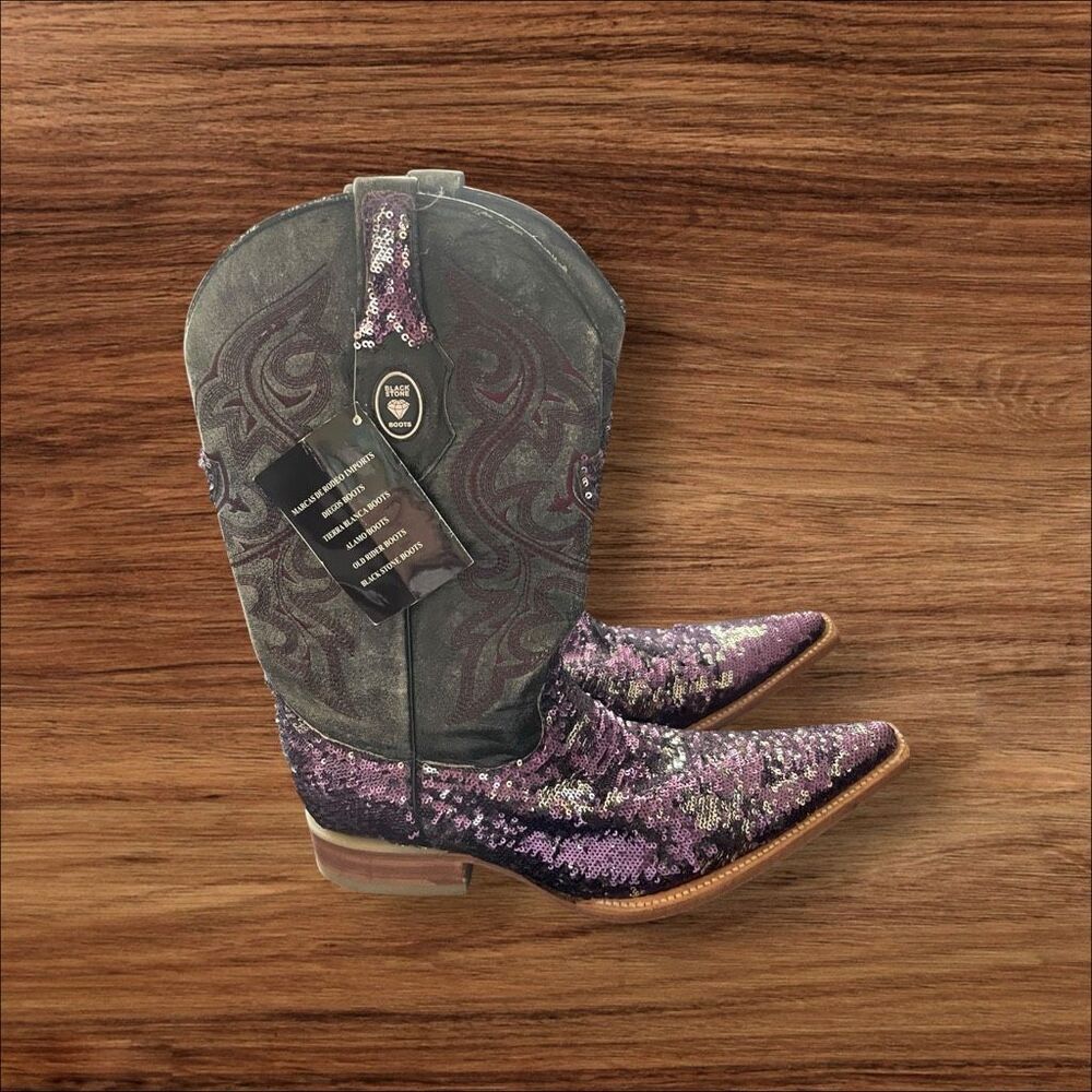New Black Stone Womens Purple Gray Leather Sequins Western Cowboy Boots Size 28.